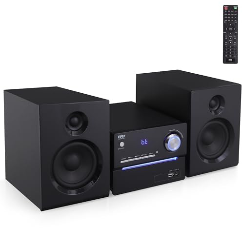 Pyle CD/DVD P.M.P.O Stereo System, 3-pc Wireless BT Streaming 6 Ohm Two-Way Wooden Speaker Box and Subwoofer, Digital Amplifier IC with MP3, USB, FM Radio, Bass Reflex Speaker