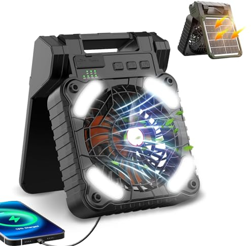 Solar Camping Ventilator mit LED Lampe, Tragbarer USB Tischventilator 8000mAh Akku Wiederaufladbar, Faltbarer Solar Lüfter mit 4 Geschwindigkeiten und 3 Timer für Stromausfall Reisen Angeln Büro