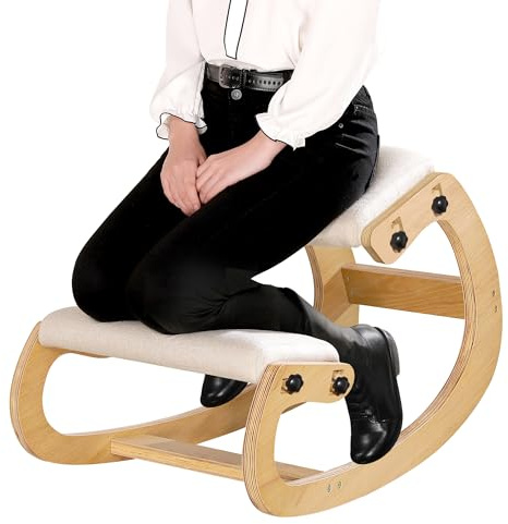 Predawn Adjustable Ergonomic Kneeling Chair – Height Customisable Rocking Posture Stool with Thick Cushions, Solid Wood Frame – Posture Support Seat for Adults, Home Office or Meditation (Natural)