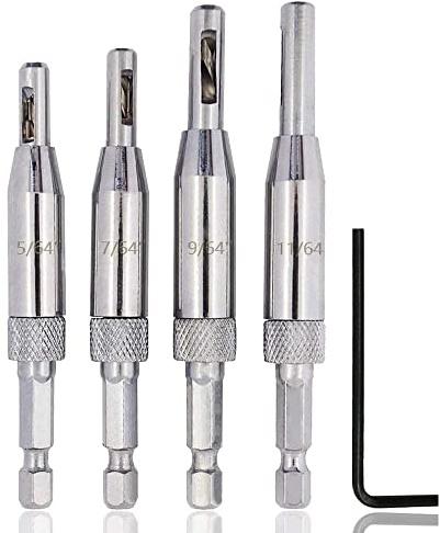 Mesee Punte per Cerniere Centratura, Set di 4 Punte da Trapano Autocentrante Cerniera per Porte e Finestre Punta di Trapano per Cerniere con Piccolo Chiave Esagonale per Lavorazione Del Legno