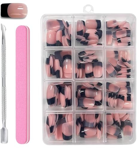 240 PCS Short French Tip False Nails Black Press On, Full Cover Stick On Nails Ballerina Nail Art With Nail-File, Cuticle Pusher For Salon DIY Decoration