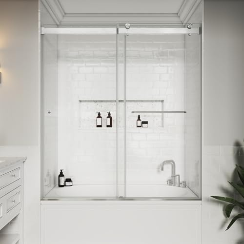 FEKEWIO Bathtub Shower Doors Frameless 56-60 W x 66 H Width Adjustable 5/16(8mm) Double Sliding Glass Tub Door Stainless Steel Hardware (Brushed Nickel)