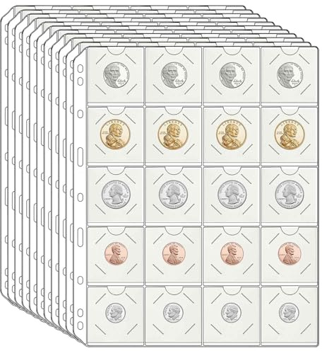 11 Sheets Coin Pocket Pages for 2 x 2 Cardboard Coin Flips, Standard 9-Hole for Coins Coin Binder Collection Supplies Pages(220 Pockets)