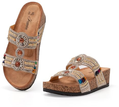 JOMIX Sandales Femme avec Fleurs Sandale Femmes Mule Compensé été Confortables pour Piscine Douche Mer et Plage(Beige,39)