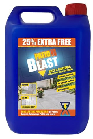 Patio Blast Cleaner Fluid – High-Efficacy Algae, Moss, & Mould Remover for Garden, Paths, Drives, & Decking – Long-Lasting Spray & Leave Formula, 5L