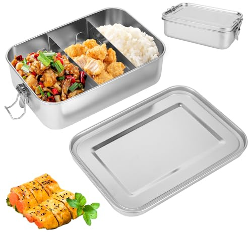 ALLOMN Fiambrera de acero inoxidable, 1400 ml, caja grande de metal con 2 compartimentos, recipiente portátil para almacenamiento de alimentos, sándwiches, ensaladas, fiambrera a prueba de fugas para