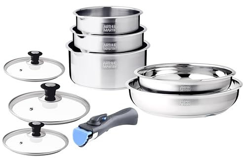 Arthur Martin, juego de cocina de acero inoxidable de 10 piezas - 2 sartenes (24-26 cm), 3 cacerolas (16-18-20 cm), 3 tapas de cristal, 1 utensilio de nailon, todo con fuego de inducción