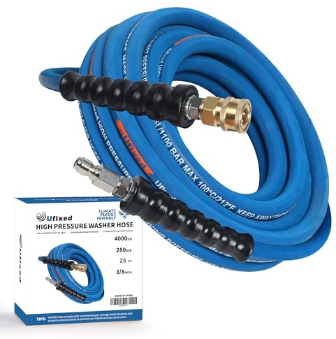 Ufixed 3/8” Pressure Washer Hose 25FT 4000psi,Rubber Hose,Quick Connect,360° Swivel,Kink-resistant,Heavy Duty,Blue