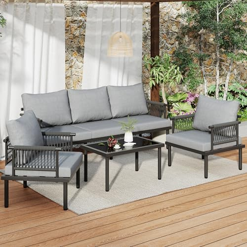 Ball & Cast Gartenmöbel-Set aus Rattan, 5-teilige Balkonmöbel mit Geflochtenem Seil und Couchtisch, 2 Sessel und Kissen für Outdoor Loungemöbel, Terrassenmöbel, Gartenlounge, Grau