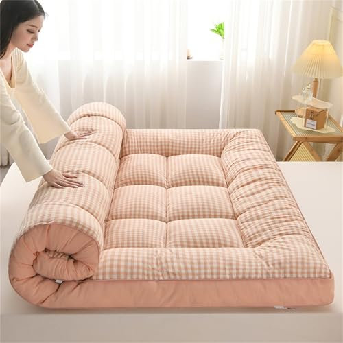 Japanische Bodenmatratze, dicke Futon-Matratze, tragbare Rollmatratze, Schlafunterlage für Schlafsaal, Bodenkissen, Bett (rosa kariert, 120 x 200 cm) – bequeme und platzsparende Lösung