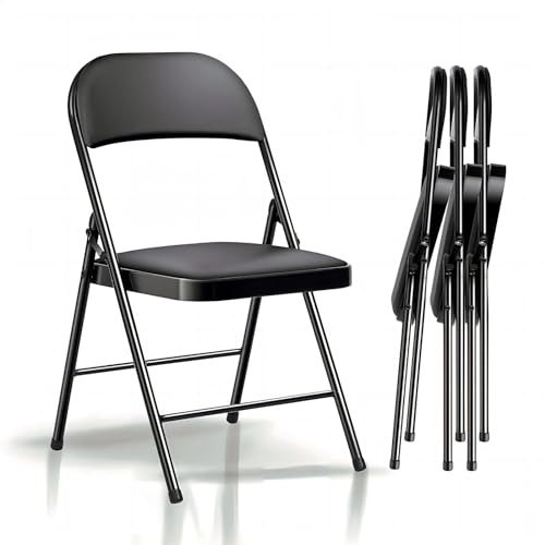 Asdsed Lot de 4 Chaises Pliantes Rembourrées, Charge 158 kg, Cadre en Acier, Simili Cuir PU, Pliable Gain de Place, sans Montage, pour Salon, Salle à Manger, Camping, Jardin, Réception, Noir
