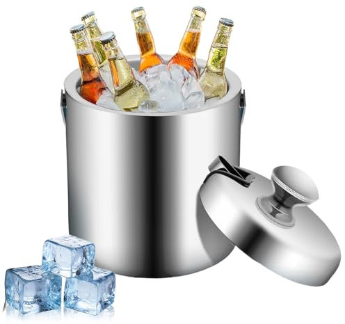 WOLEGM Secchiello per ghiaccio in acciaio inox da 1,3 l, con coperchio, colino e pinza magnetica per ghiaccio – Contenitore termico a doppia parete per cubetti di ghiaccio (protezione dal freddo) |