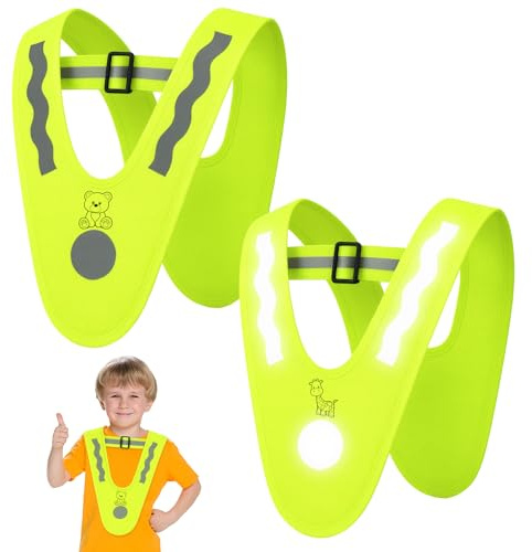 FZSECRIU Warnweste Kinder 2er-Set mit 4 Reflektorband 360 Grad Reflektierende V-Form,Warnweste Kinder 3-12 Jahre,Warnwesten Auto Kinder,Kinderwarnweste,Reflektorweste für Schulweg,Fahrrad,Laufen
