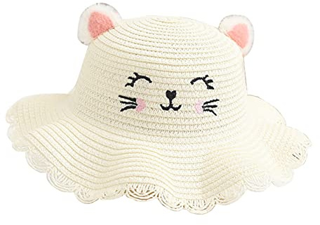 Asukohu Joli chapeau de paille pour enfants, chapeau en forme d'oreille de chat, visage souriant, chapeau de paille à large bord pour filles avec sac assorti en forme d'oreille avec sac assorti