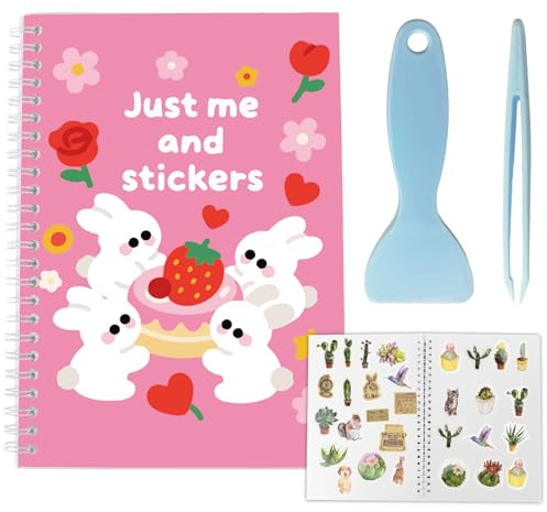 CRASPIRE Álbum Colección Pegatinas Reutilizables Tamaño A5 40 Hojas Papel Desprendible Cubierta Impermeable con Diseño Conejo Y Flores Organizador Pegatinas En Blanco con Pinzas Y Raspador Etiquetas