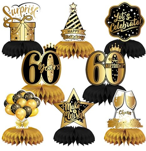 60. Geburtstag Deko Schwarz Gold, 8er Set Tischdeko, Bienenwabe | 8 Bienenwaben Tischaufsteller, elegante Schwarz-Gold Deko, Papier Dekoration für Geburtstagsparty, Happy Birthday Design