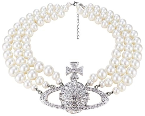 KRISFD Damen Saturn Perlenkette Saturn Faux Perle Choker Halskette Planet Kette Perlenkette Mit Anhänger für Mädchen Valentinstag Beste Freundin Freundin Jubiläum