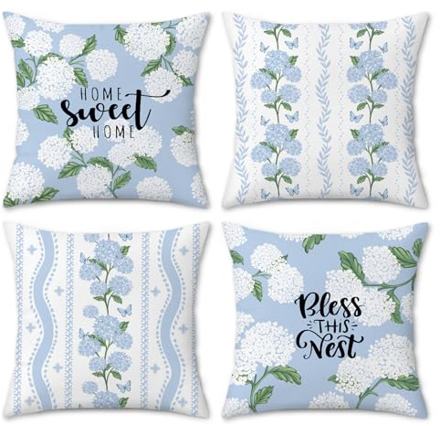 Bonhause Fundas Cojines Hortensia Floral 45 x 45 cm Funda de Almohada Azul Flores Antiguo Terciopelo Suave Granja Cojines Decoración Primavera para Sofá Cama Hogar Juego de 4