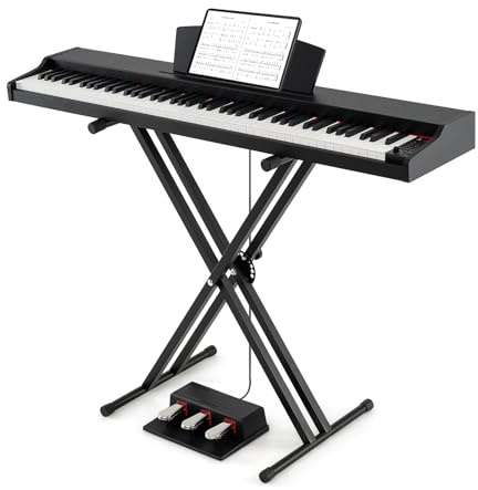 KOMFOTTEU Piano Digital de 88 Teclas, Teclado Electrónico con 2 Altavoces, 3 Pedales, Atril y Soporte, Piano Portátil Semipesado para Principiantes, USB/MIDI/MP3 (Negro)