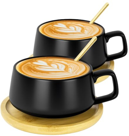 AOOTE Juego de Taza y Platillo, 2 Pcs 320ML Tazas de Capuchino de Ceramica, Tazas de Cafe Espresso Porcelana con Plato con Posavasos de Madera y Cuchara, Tazas de Café para Moca, Té, Latte, Desayuno