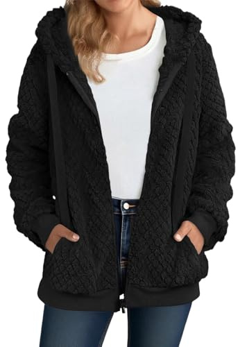 Womens Fleece Hoodie Jacket Sherpa Lined Full Zip up Winter Warm Soft Teddy Fleece Hooded Sweatshirt Fluffy Jumper Hoody Sweater Coat Overcoat Cardigan Ladies Hoodie UK