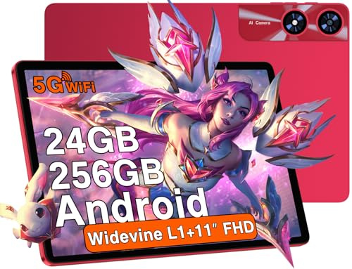 Tablet 11 Pulgadas Android con 24GB RAM 256GB ROM (2TB TF), Octa-Core 2.0 GHz, Widevine L1, 5G WiFi, Bluetooth 5.0, 8000mAh, 5MP+13MP, 1280*800 FHD IPS, Facial ID, Tipo C, AGPS, Tablet con Funda - Red