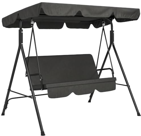 Outsunny Balancelle de Jardin 3 Places Toit 1,72L x 1,1l x 1,52H m Noir | Inclinaison Réglable, Coussins Assise et Dossier, Acier Noir, Polyester