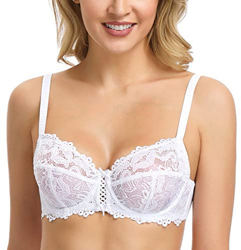 WingsLove Women's Floral Lace Bra Underwire Non Padded Soft Cup Full Coverage White 36DDD