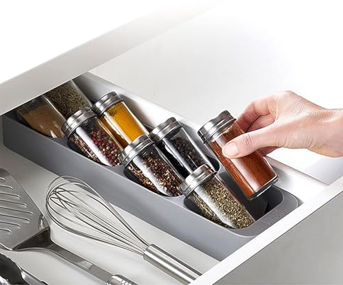 Agatige Gewürz-Organisationsschublade mit 8 Fächern, Kunststoff-Gewürzglas und Gewürzregal-Tabletteinsatz, Gewürzregal-Organizer Schrankregal-Organizer für Küchenschrank Schublade, 39,5 x 10 x 4,5 cm