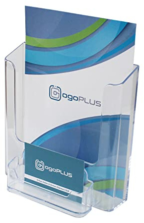 ogoPLUS DIN A5 Wand-Prospekthalter Hochformat mit Visitenkartenständer Querformat, Prospektständer, Flyer-Ständer, Visitenkartenhalter, Prospektbox glasklar, Aufsteller, Werbung, Wandprospekthalter