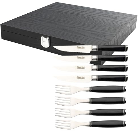 Katana Saya Pakkawood 8-teiliges Steakmesser- und Gabel-Set, 4 Steakmesser und 4 Gabeln, Japanischer 67-lagiger VG-10-Damast-Edelstahl, schwarzer Pakkaholzgriff, Küchenmesser
