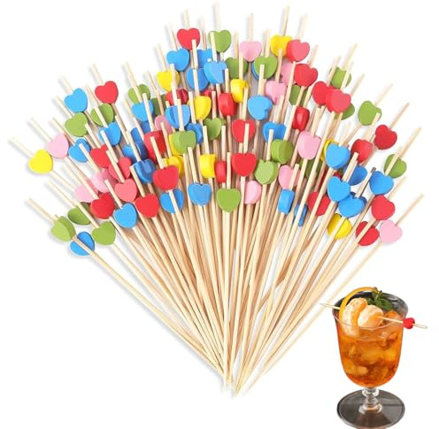 aghoer 100PCS Party Zubehör Cocktailspieße - 12cm Herz Spieße Fingerfood - Holzspieße für Muffin Snacks Cupcake Obst Deko (Farbe)