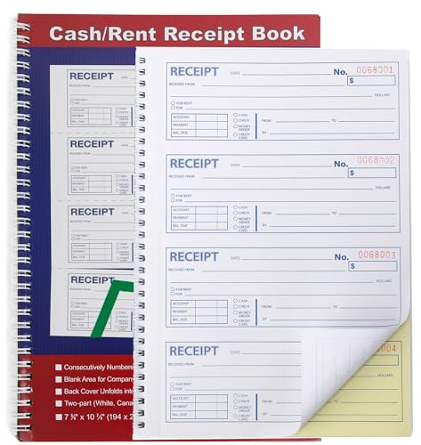 Money and Rent Receipt Book 2-Part Carbonless 7-5/8 x 11 Spiral Bound 200 Sets per Book 4 Receipts per Page(1pack)