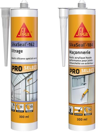 SIKA - Mastic Silicone - Spécial verre - Int & Ext - Ne jaunit pas - Transparent - 300ml + Mastic acrylique - Réparation de fissures et joints pour fenêtres et murs - Int & Ext - Blanc - 300ml