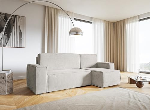 Verona Idee Madeira Ecksofa mit Schalffunktion + Hocker-Cord- Sofa zum Entspannen Bettsofa Moderne Stil - Ideal für gesellige Zusammenkünfte/Ottomane Links-Rechts Beige