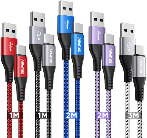 USB C Cable, (5Pack 1M+1M+2M+2M+3M)USB A to USB Type C Charger Cable Fast Charging 3A USB C Charger Cable Fast Charge Braided for iphone 15 Pro Max, Samsung Galaxy S22 S23 S24 Ultra 5G S20 S21 S10 S9