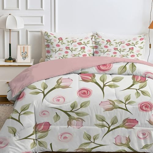 Qiwagu Bettdecke 135x200 4 Jahreszeiten, Wende Pinke Blumen Steppdecke Waschbare, Bettdecke ohne Bezug Nutzbar, Leicht Weiche Schlafdecke 200GSM, Ganzjahresdecke Weiß mit 1 Kissenbezug (ohne Kissen)