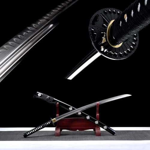 Handgefertigtes Samurai-Schwert,Klinge aus T10-Stahl mit handgebrannten Kerzenlichtlinien,Saya aus Naturholz und Tsuba aus Eisen,103cm Katana für Geschenke,Sammeln,Ausstellen,Cosplay,Heimdekoration