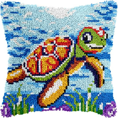 Kitquiver Diy Knüpfkissen Set Cartoon Schildkröte Tier Knüpfhaken Set Kissen Home Decor Besticktes Kissen Set, Stickset Für Anfänger Und Erwachsene 17x17in