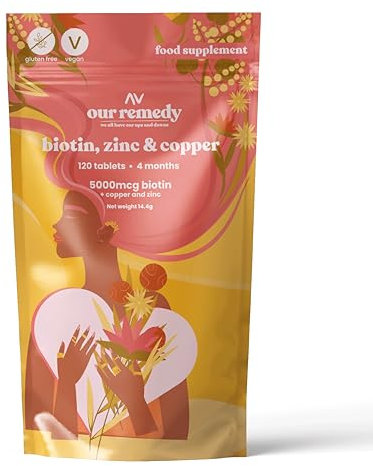 Our Remedy 5000mcg Biotin + Zinc + Copper Complex — Enhanced Formula for Hair Growth, Skin Radiance, and Nail Strength — Women's Owned Business, British-Made Supplements for Men and Women, 120 Tablets
