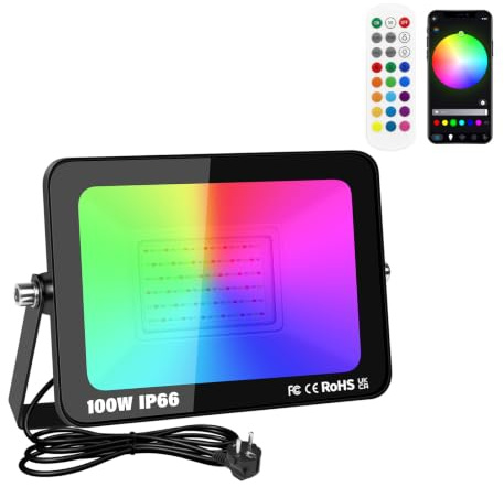 Willpower Foco LED RGBW 100W, Proyector LED Exterior Inteligente con Control de Bluetooth APP, 16 Colores 4 modos, Luz de Inundación RGB para Jardín Terraza Fiestas Halloween Navidad, con Enchufe