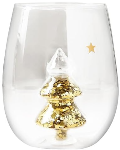 Muzrunq Bicchieri da vino in bicchiere da vino senza gambo con albero glitter oro da 400 ml di bicchieri da vino per bicchieri da vino per la casa, bicchiere da vino senza stelo, bicchiere di Natale