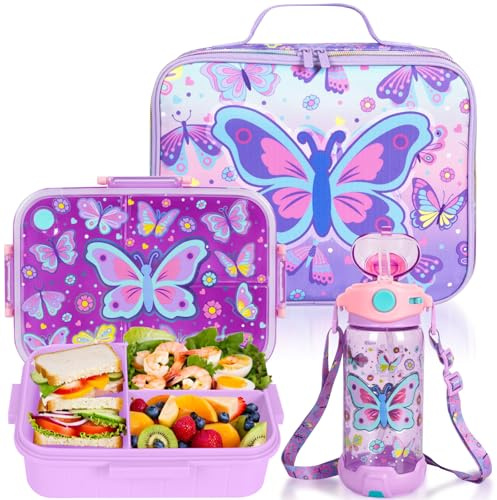 PinkSheep Kids Bento Lunch Box Set with 1200 ml Leak-Proof Lunch Containers with 3 Compartments, 650ml BPA-Free Water Bottle, Insulated Lunch Bag for School Kids Girls Boys (Butterfly)