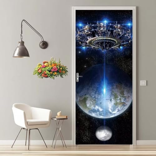 Türfolie Selbstklebend 3D Türaufkleber Raumschiff Planet Türtapete Selbstklebend Türposter 90X200 cm Türverkleidung Türtattoo Poster Abnehmbar Fototapete für Wohnzimmer Schlafzimmer Küche Bad -MT1222