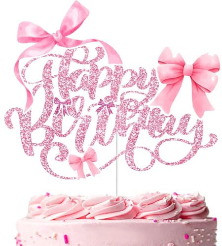 Bow Happy Birthday Cake Topper, Pink Bow Coquette Cake Decorations for Women Girls Bows Theme Birthday Party Favors, HBD, 10th, Official Teenager, Sweet 16, Finally 21, Baby Shower Party Supplies