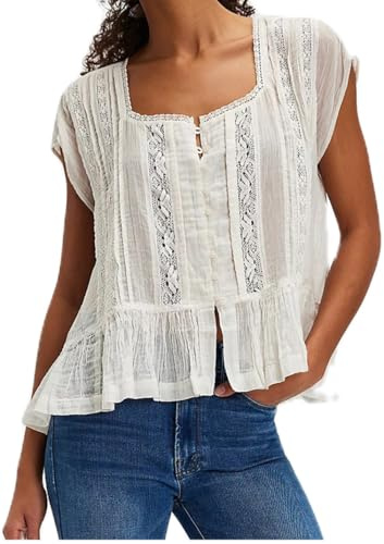 Womens Tie Front Ruffle Boho Top Flowy Sheer Lace Babydoll Blouse | Short Sleeve,White Lace,Y2k,Cotton Embroidered Tops,Button Down,Eyelet Shirt,Beach Fashion Going Out
