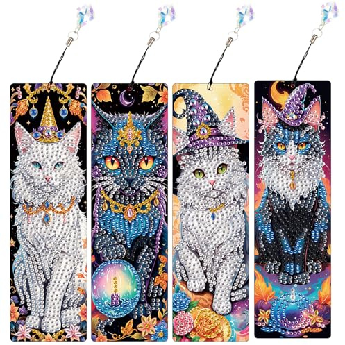 JICFDAO 4 Stück Diamond Painting Lesezeichen Katze 5.8x19.5cm Diamant Malerei Bookmarks Tiere mit Kristall Buchmarkierungen Buch Marks Seiten Markierungen Halloween Basteln Geschenk für Frauen Männer