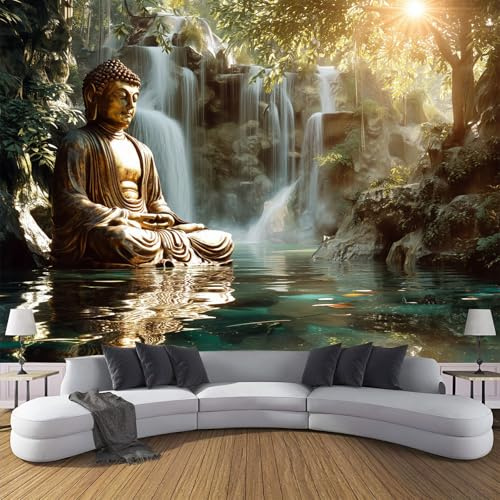 Fototapete 3D Effekt Natur Wald Tapete Wasserfall Meditation Skulptur Tapeten Vliestapete Modern Wandtapete Wohnzimmer Wanddeko Motivtapeten 300×210cm(W×H)