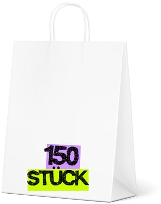 Inoverse 150 Stück Geschenktüten mit Papierkordel, 35+14x36 cm, Papiertüten mit Henkel – Weiß, Papiertragetaschen, stabile Kraftpapiertüten für Einkauf, Geschenk, Party & DIY