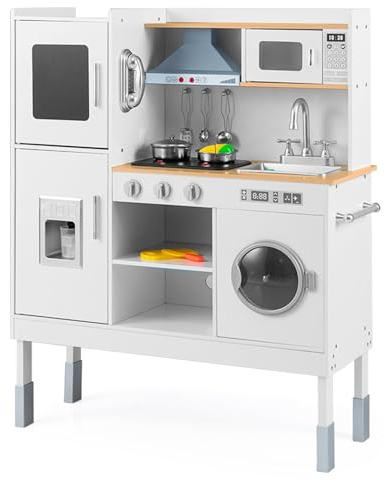 RELAX4LIFE Cucina Giocattolo in Legno per Bambini, Mini Cucina con Luci e Suoni Reali, Altezza Regolabile 97/101/103cm, Set di Cucina per Bambini 3-8 Anni (Lussuosa, Naturale)